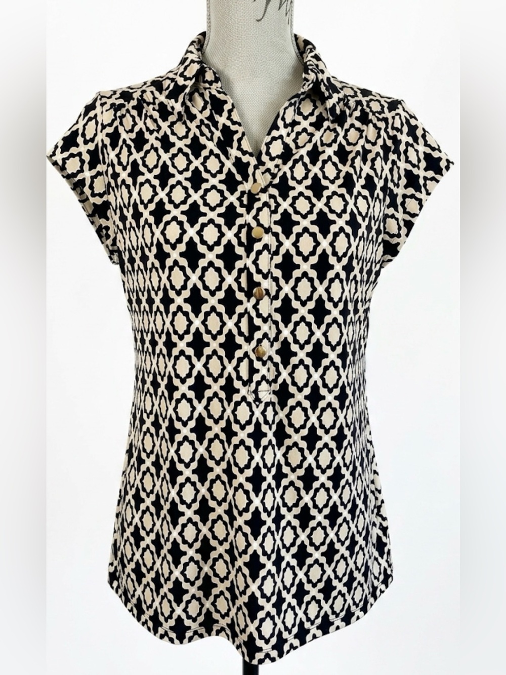 Charter Club Geometric Print Top Short Sleeve Matte Jersey M Black Tan Medium